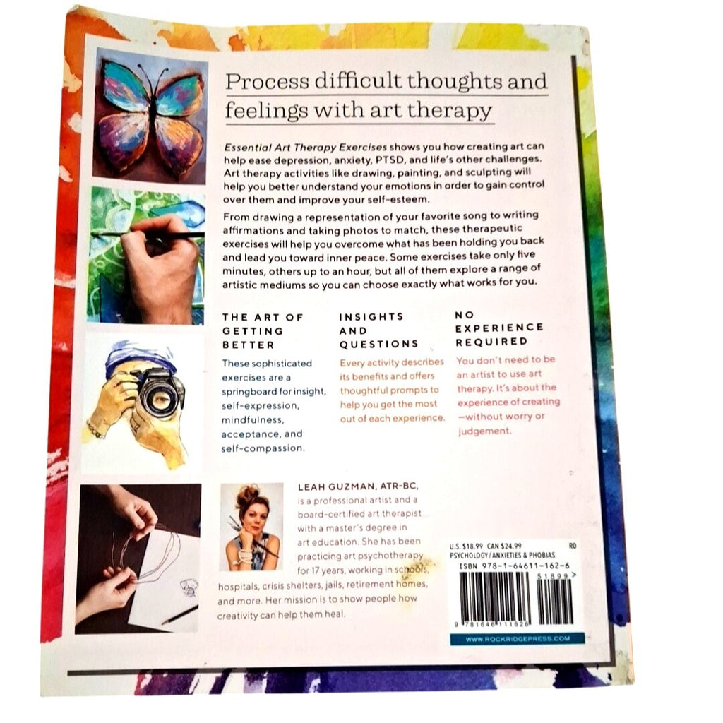 Back cover of a book titled 'Essential Art Therapy Exercises' with colorful illustrations and text.