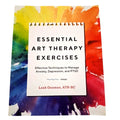 Book titled 'Essential Art Therapy Exercises' by Leah Guzman on a colorful watercolor background