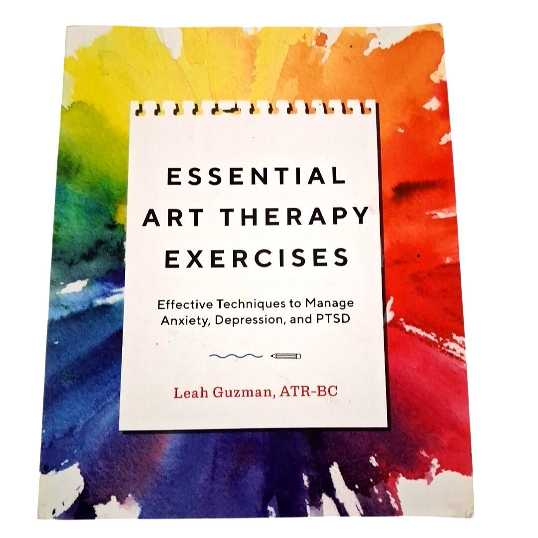 Book titled 'Essential Art Therapy Exercises' by Leah Guzman on a colorful watercolor background