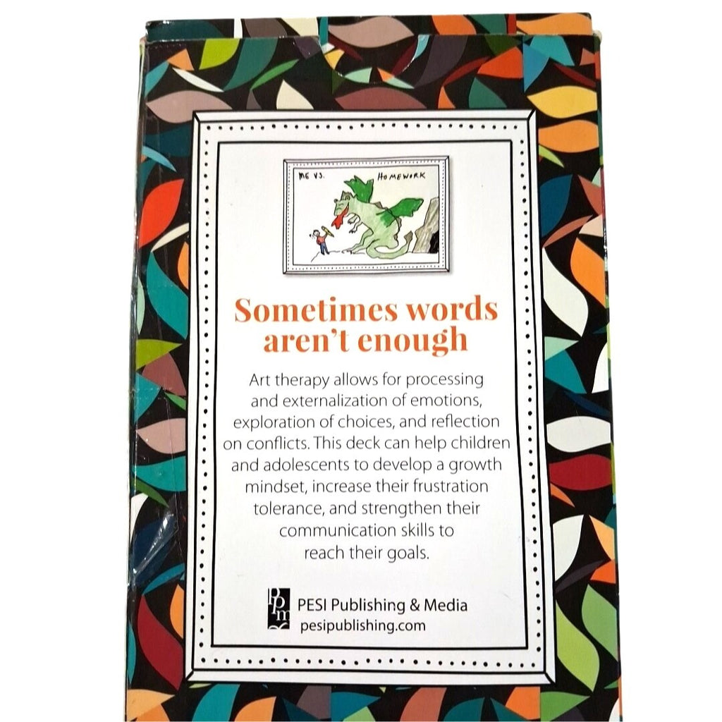 Colorful card deck packaging with text and a dragon illustration on a white background