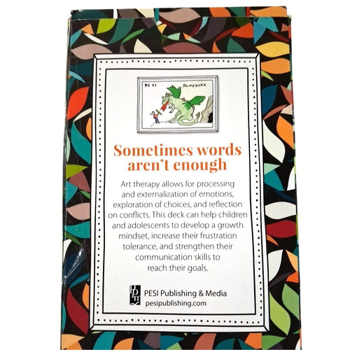 Colorful card deck packaging with text and a dragon illustration on a white background