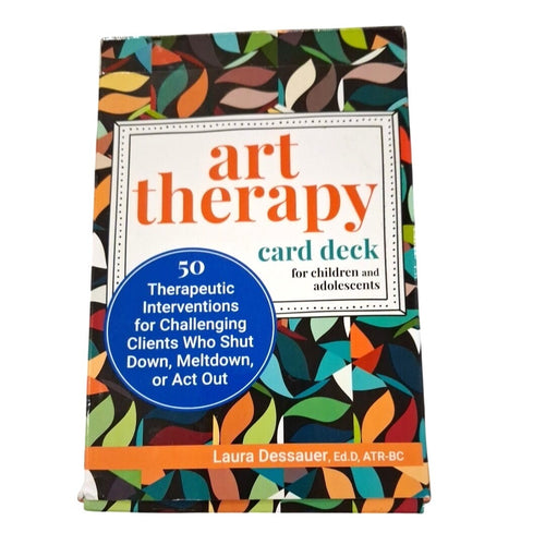 Art Therapy card deck packaging with colorful design and text on a white background