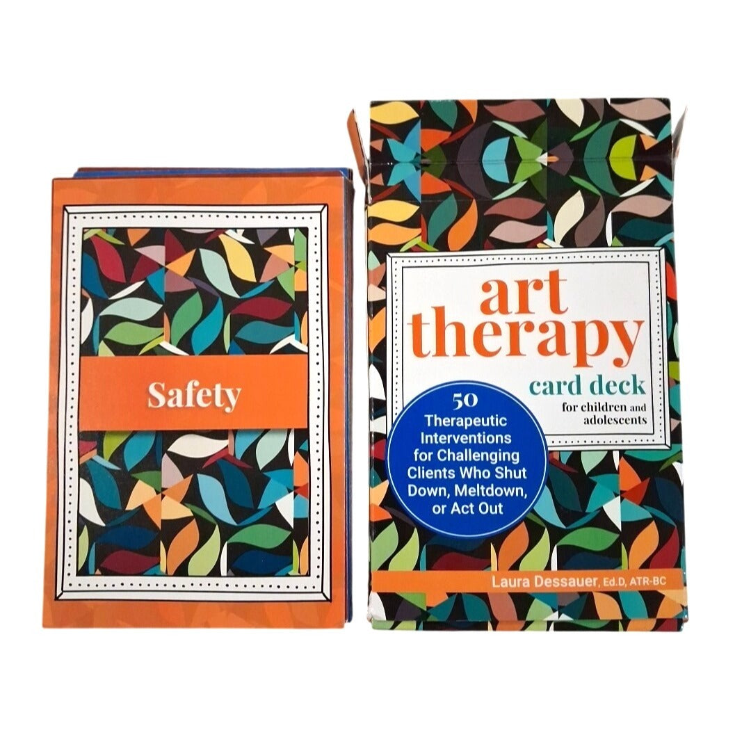 Two art therapy card decks with colorful patterns and text on a white background