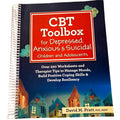 Book titled 'CBT Toolbox for Depressed, Anxious & Suicidal Children and Adolescents' with a blue cover and houses illustration.