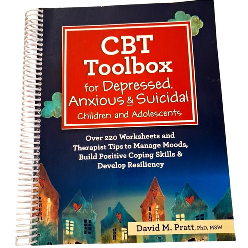 Book titled 'CBT Toolbox for Depressed, Anxious & Suicidal Children and Adolescents' with a blue cover and houses illustration.