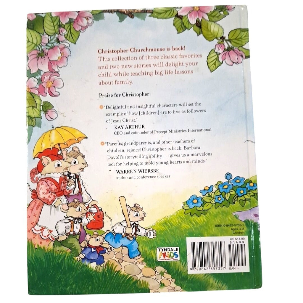Back cover of a children's book with cartoon characters and floral design