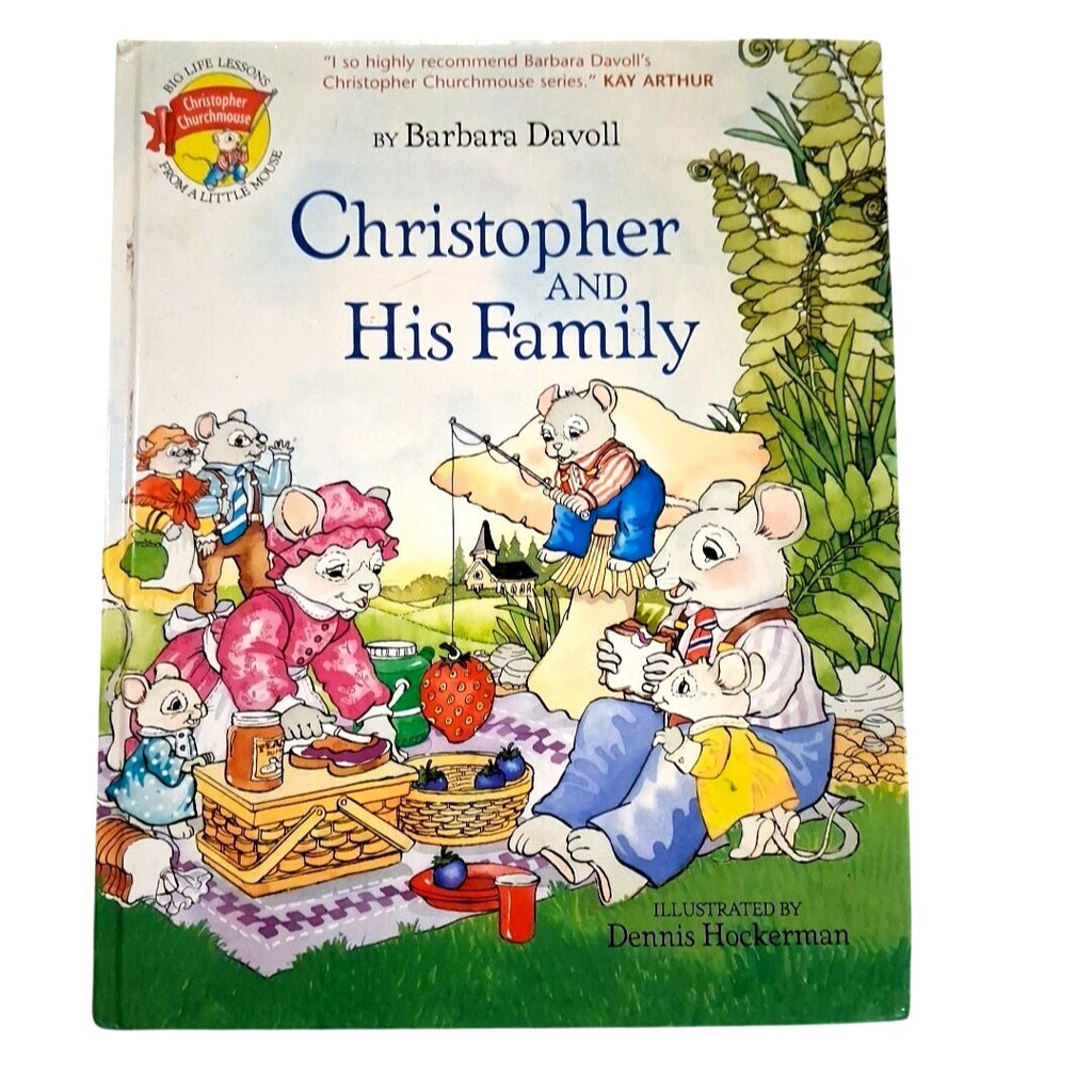 Book cover of 'Christopher and His Family' with illustrated characters at a picnic.
