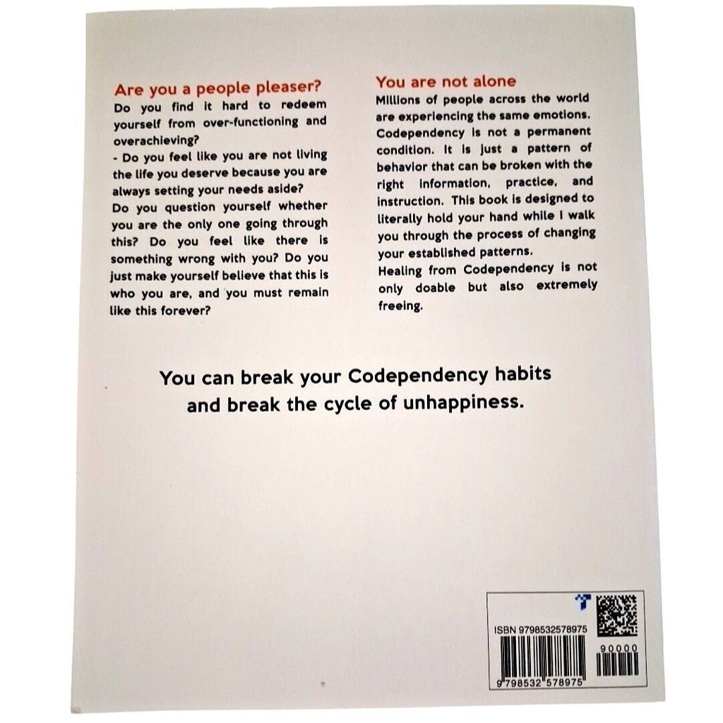 Back cover of a book with text on codependency and self-reflection.