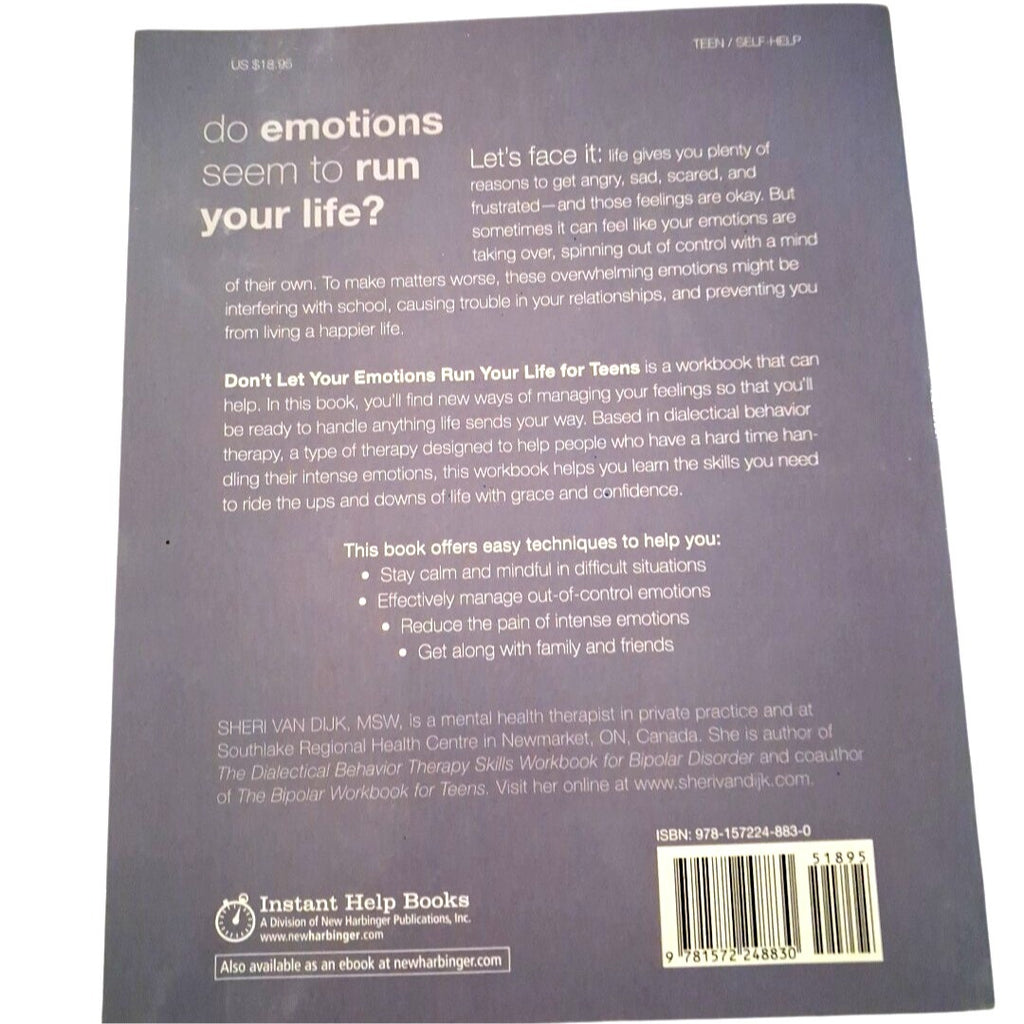 Back cover of a book titled 'Don't Let Your Emotions Run Your Life for Teens' with text and branding.