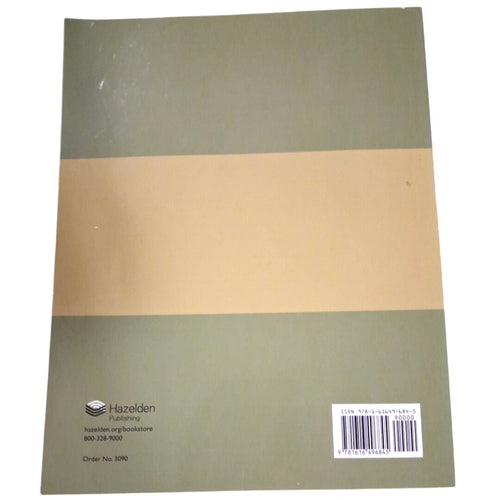 Notebook with a green and beige cover and Hazelden branding on a white background