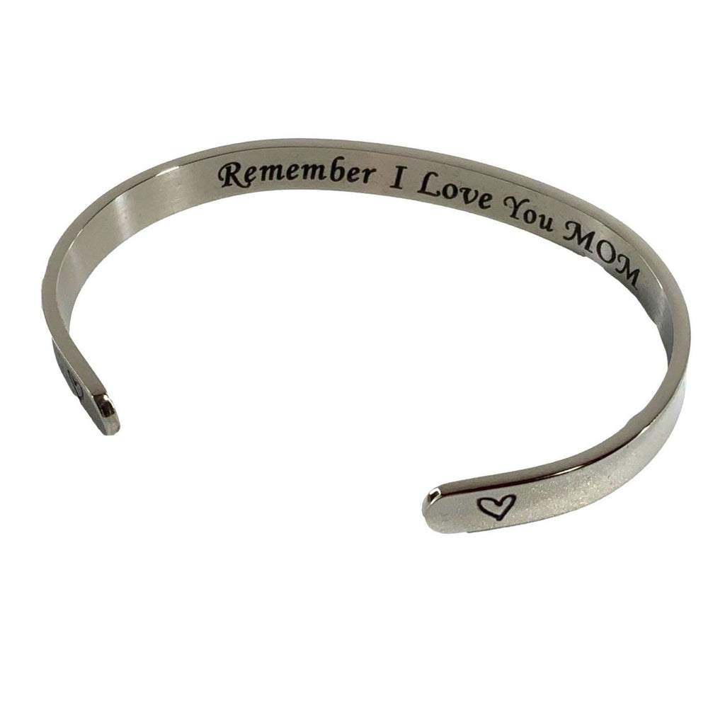 Silver bracelet with 'Remember I Love You MOM' engraving on a white background