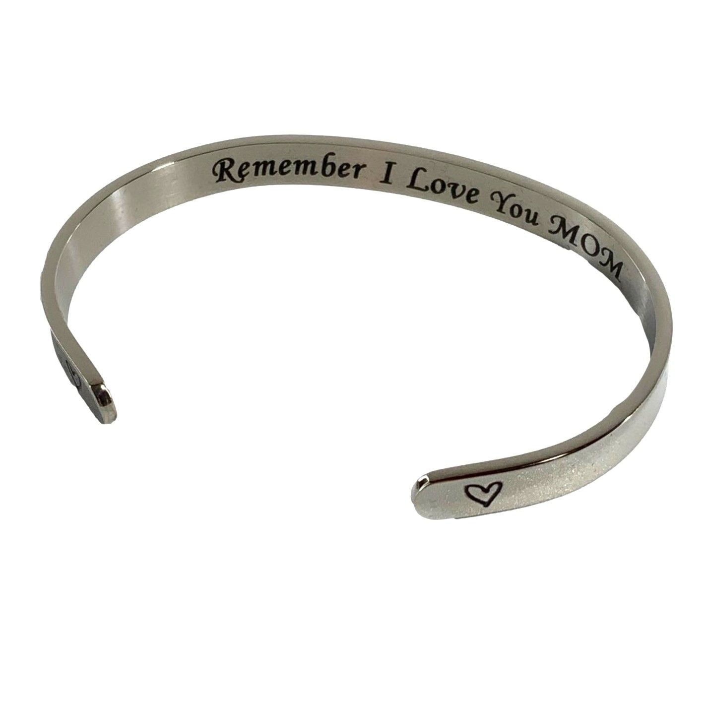 Silver bracelet with 'Remember I Love You MOM' engraving on a white background
