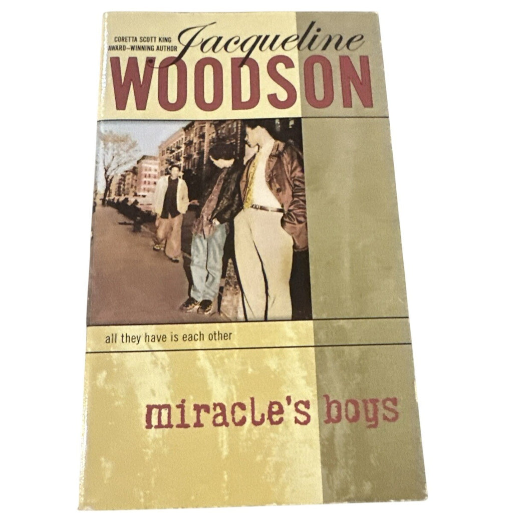 Book cover of 'Miracle's Boys' by Jacqueline Woodson with a street scene illustration.