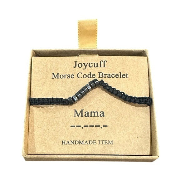 Black Morse Code Bracelet in a Joycuff branded box on a white background