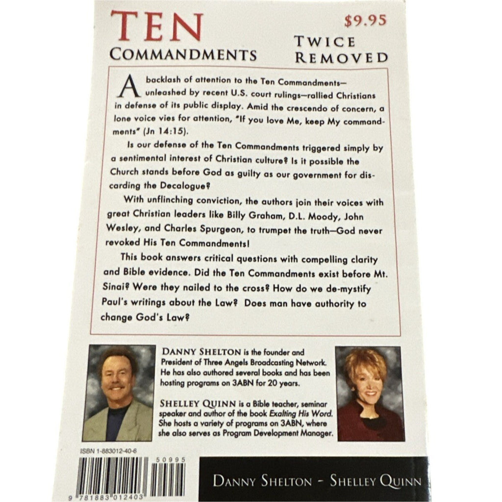 Back cover of a book titled 'Ten Commandments Twice Removed' with text and images of authors Danny Shelton and Shelley Quinn.