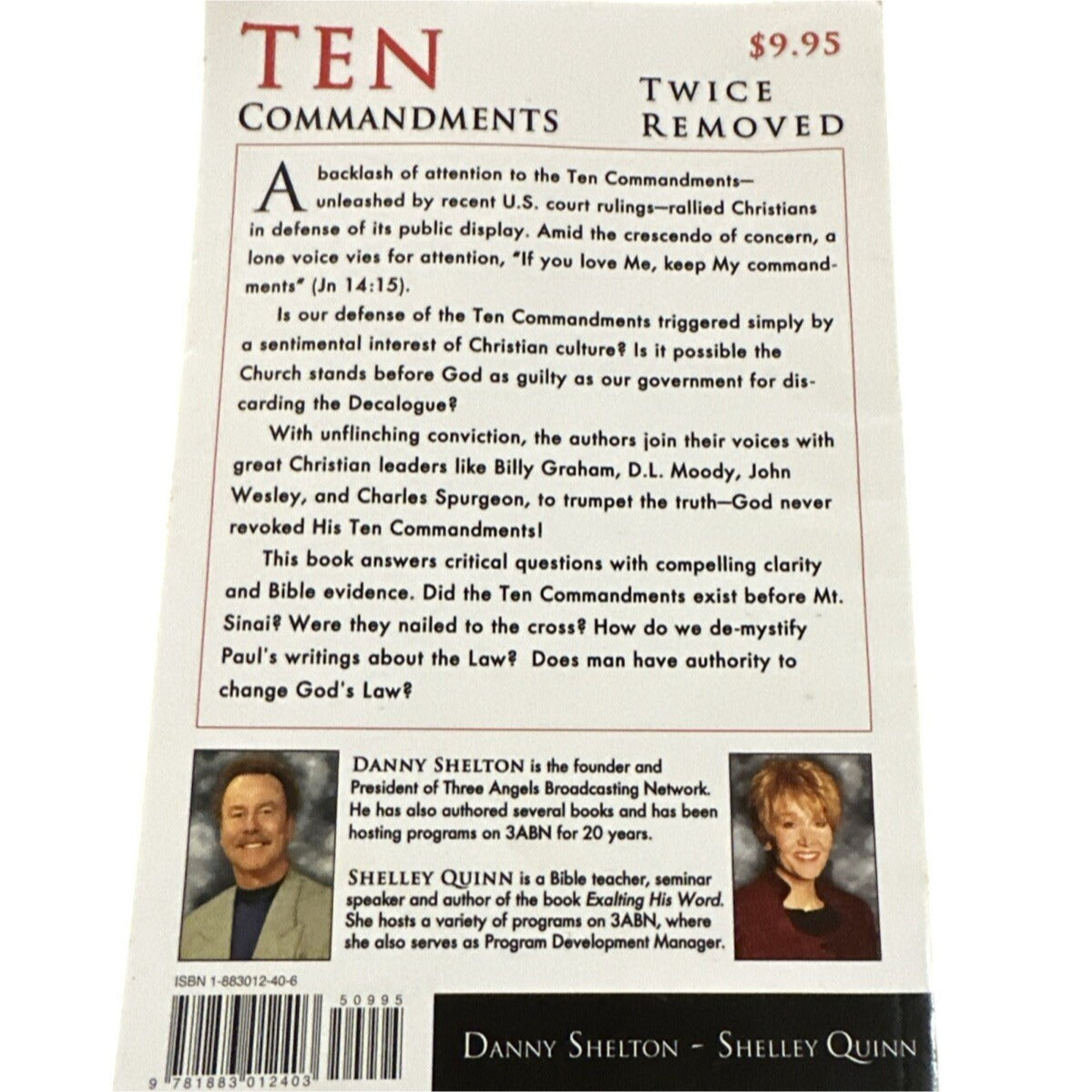 Back cover of a book titled 'Ten Commandments Twice Removed' with text and images of authors Danny Shelton and Shelley Quinn.