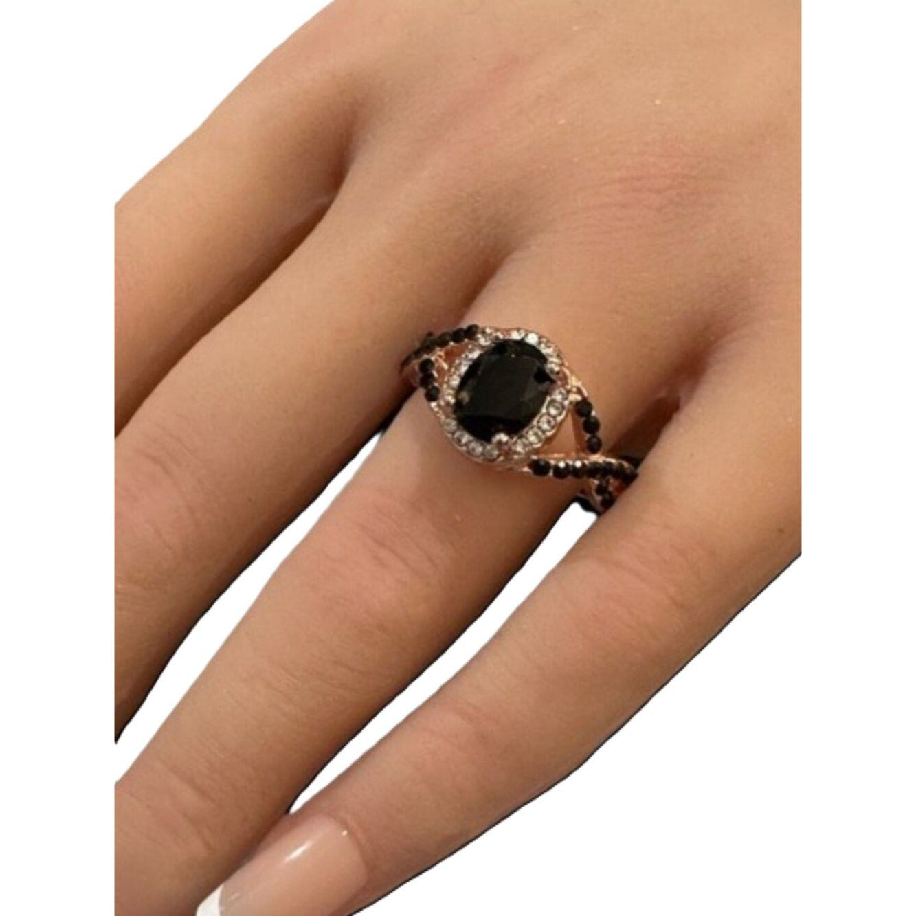 Art Deco Ring Rose Gold Tone Black Size 9 Criss Cross Shaped Womens