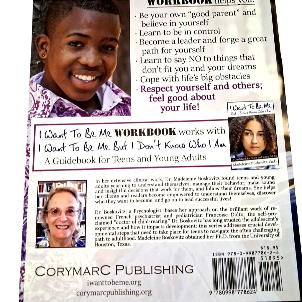 Back cover of a workbook with a young boy's face and text about self-esteem and personal growth.