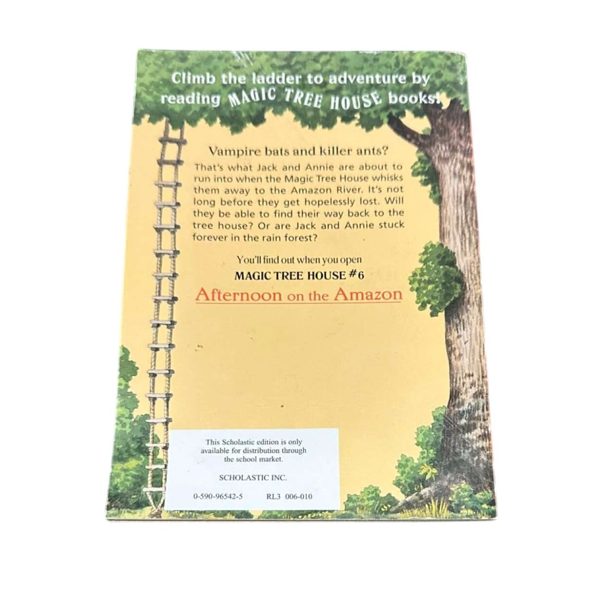 Book cover of 'Magic Tree House #6: Afternoon on the Amazon' with a tree and ladder illustration.