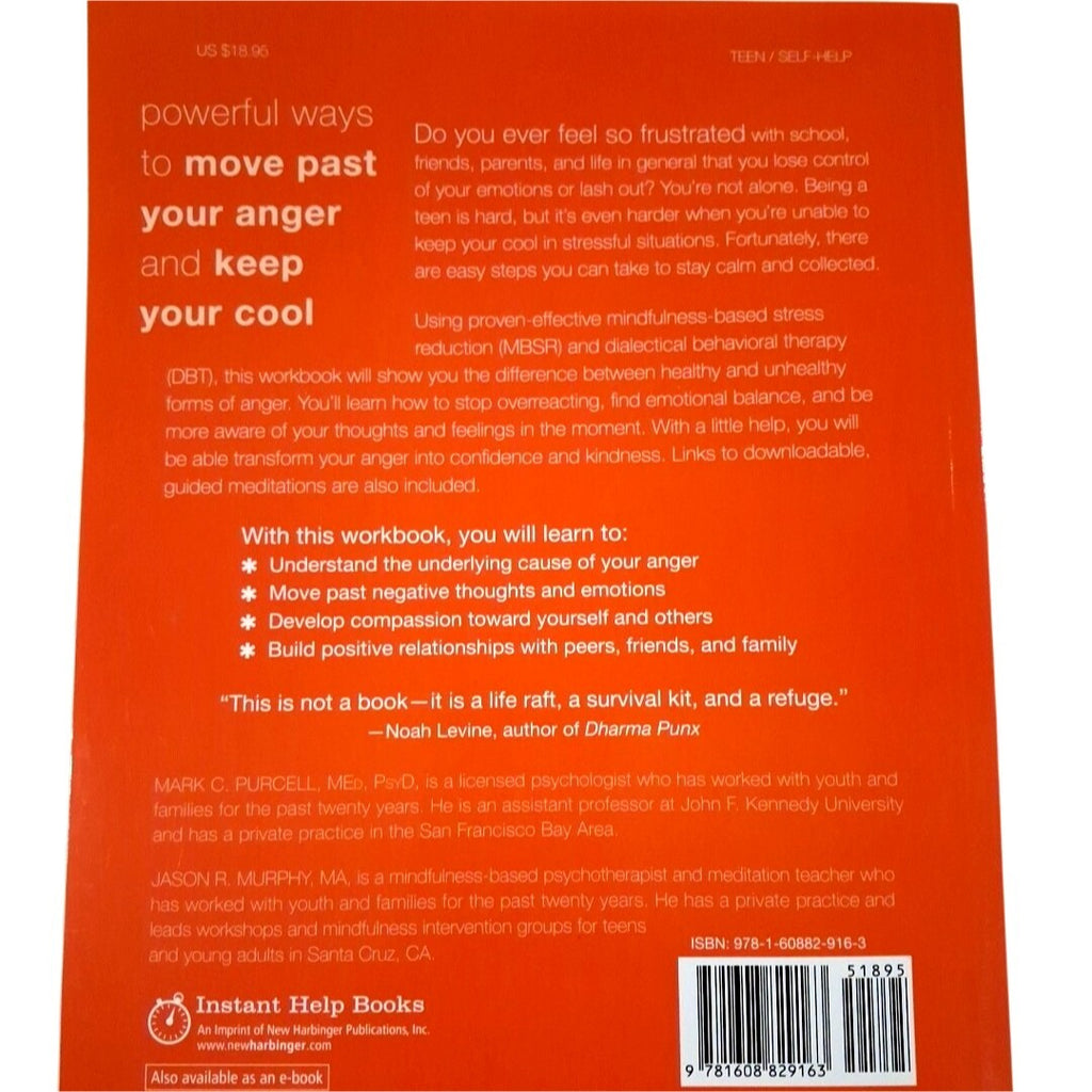 Back cover of a book with text on anger management and mindfulness, featuring a red background.